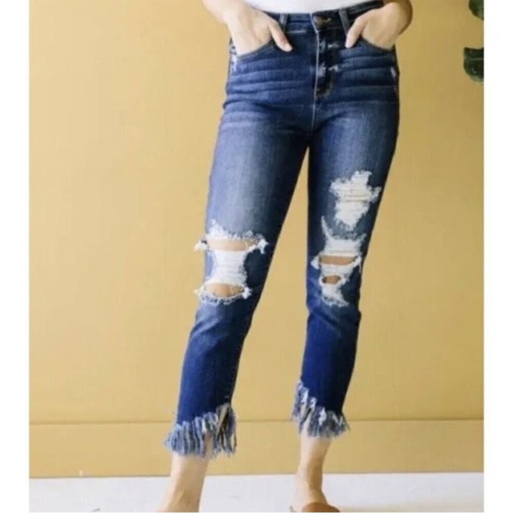 Judy Blue Up Town Girl Jeans Fringed Ankles High Rise Destroyed Denim